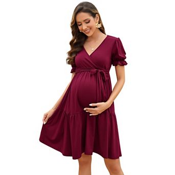 Women's Maternity V-Neck Short Sleeve Tie Waist Midi Dress