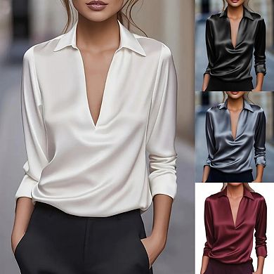 Women's Deep V Neck Satin Blouses Long Sleeve Casual Silk Shirts Business Work Tunic Tops