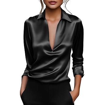 Women's Deep V Neck Satin Blouses Long Sleeve Casual Silk Shirts Business Work Tunic Tops