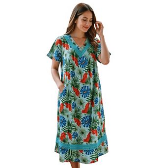 Loungees Print Crinkle Cotton Gauze Lounge Dress House Dress Caftan V-Neck Short Sleeve