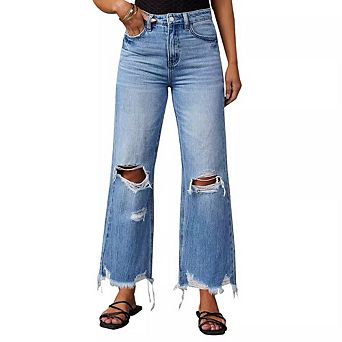 Women's High-Rise Wide Leg Boyfriend Jeans Ripped Bell Bottom Distressed Raw Edge Denim Pants