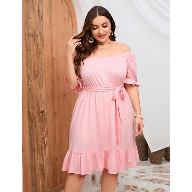 Women's Plus Size Square Neck Ruffled Hem Short Sleeve Dress