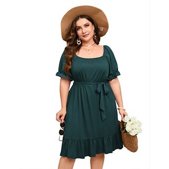 Women's Plus Size Square Neck Ruffled Hem Short Sleeve Dress