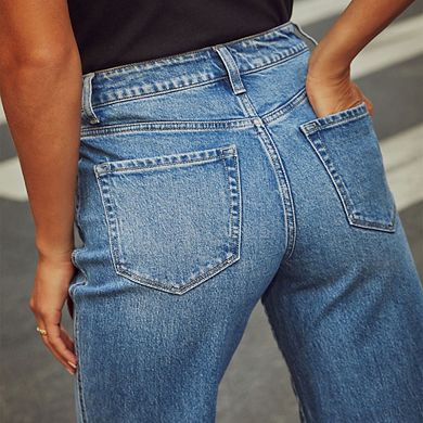 Women's High Waisted Wide Leg Cropped Jeans Stretchy Fold Hem Baggy Denim Pants with Pockets