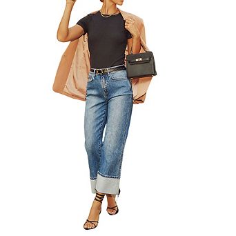 Women's High Waisted Wide Leg Cropped Jeans Stretchy Fold Hem Baggy Denim Pants with Pockets