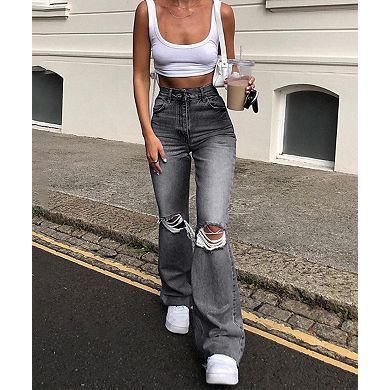 Women's Bell Bottom Jeans Flared Ripped Stretchy Mid Rise Cut Out Distressed Denim Bootcut Jeans