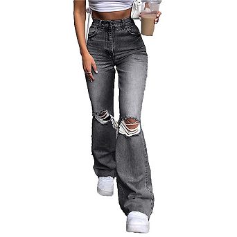 Women's Bell Bottom Jeans Flared Ripped Stretchy Mid Rise Cut Out Distressed Denim Bootcut Jeans