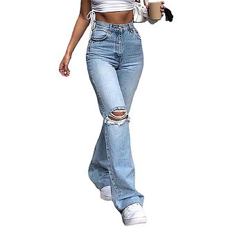 Women's Bell Bottom Jeans Flared Ripped Stretchy Mid Rise Cut Out Distressed Denim Bootcut Jeans
