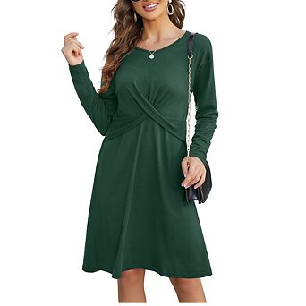 Women's A-Line Cocktail Dress Round Neck Long Sleeve Ruched Waist Midi Dress