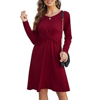 Women's A-Line Cocktail Dress Round Neck Long Sleeve Ruched Waist Midi Dress