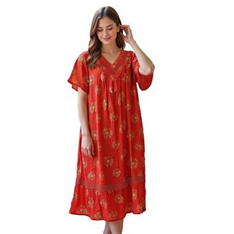 Loungees Print Crinkle Cotton Gauze Lounge Dress House Dress Caftan V-Neck Short Sleeve