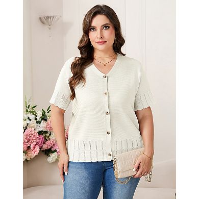 Women's Plus Size Short Sleeve Cardigan V Neck Button Down Sweaters Tops