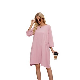 Women's Summer Round Neck Casual Fashion Solid Color Pullover 3/4 Sleeve Loose Dress