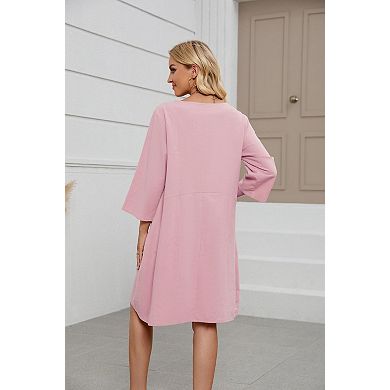 Women's Summer Round Neck Casual Fashion Solid Color Pullover 3/4 Sleeve Loose Dress