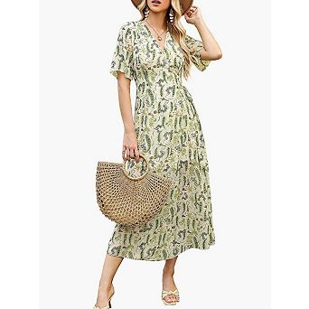 Women's V-Neck Wrap Maxi Dress Short Sleeve Paisley Print Flowy Dress
