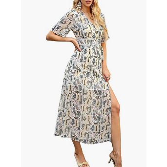 Women's V-Neck Wrap Maxi Dress Short Sleeve Paisley Print Flowy Dress