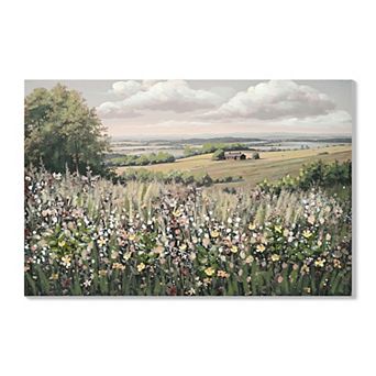 Framed Canvas Wall Art Vintage Decor, Landscape Wall Art, Meadow with Flowers Art, 24" x 36"