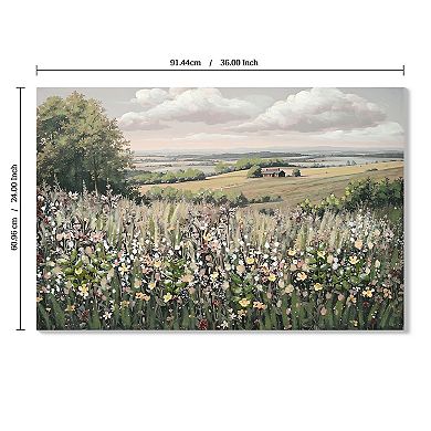 Framed Canvas Wall Art Vintage Decor, Landscape Wall Art, Meadow with Flowers Art, 24" x 36"