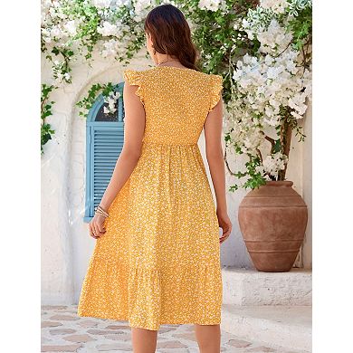 Women's Maternity V-Neck Ruffle Sleeve Button Print Midi Dress