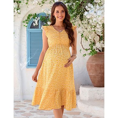 Women's Maternity V-Neck Ruffle Sleeve Button Print Midi Dress