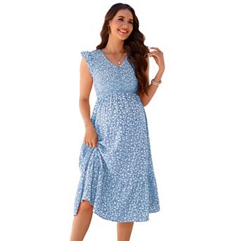 Women's Maternity V-Neck Ruffle Sleeve Button Print Midi Dress