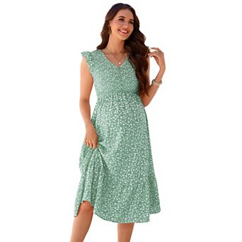 Women's Maternity V-Neck Ruffle Sleeve Button Print Midi Dress