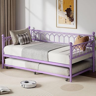 Daybed with Trundle Twin Size, Heavy Duty Metal Platform Sofa Bed Frame with Charging Station