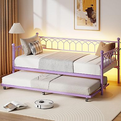 Daybed with Trundle Twin Size, Heavy Duty Metal Platform Sofa Bed Frame with Charging Station