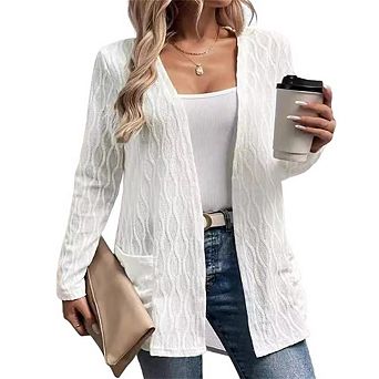 Women's Long Sleeve Cardigan Sweaters Open Front Cable Knit Cozy Sweater Coat with Pockets