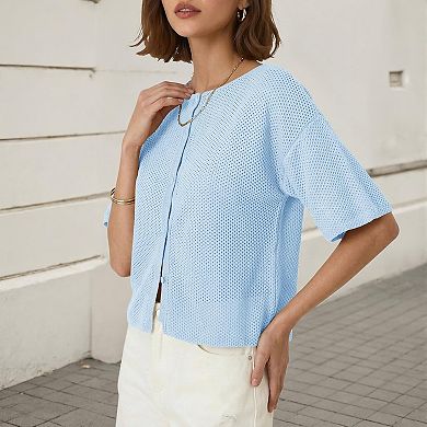 Women's Plus Size Short Sleeves Cardigan Button Down Lightweight Sweater