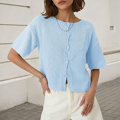 Women's Plus Size Short Sleeves Cardigan Button Down Lightweight Sweater