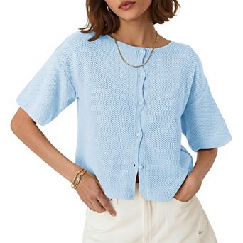 Women's Plus Size Short Sleeves Cardigan Button Down Lightweight Sweater