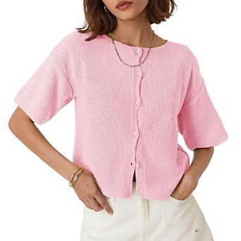 Women's Plus Size Short Sleeves Cardigan Button Down Lightweight Sweater