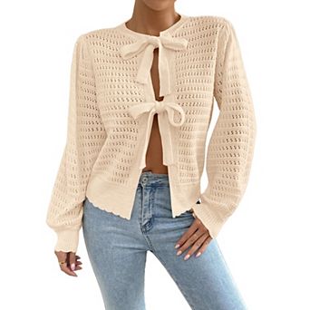 Womens Crochet Knit Bow Tie Front Cardigan Sweaters Long Lantern Sleeve Cute Crew Neck Cardigan