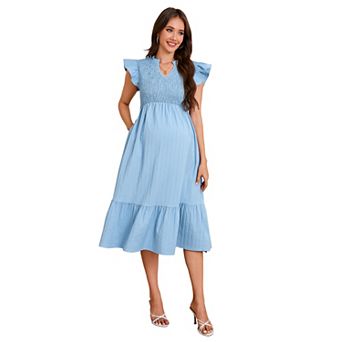 Women's Maternity V Neck Midi Dress with Butterfly Sleeves