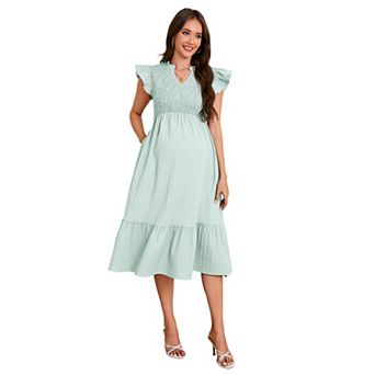 Women's Maternity V Neck Midi Dress with Butterfly Sleeves