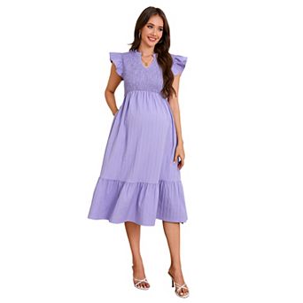 Women's Maternity V Neck Midi Dress with Butterfly Sleeves