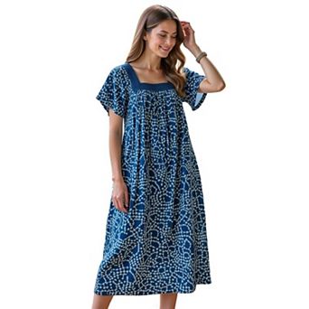 Loungees Print Crinkle Cotton Gauze Loungedress House Dress Caftan Square Neck