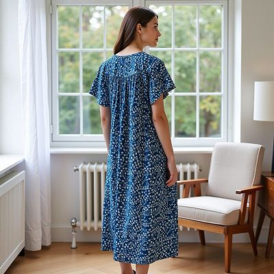 Loungees Print Crinkle Cotton Gauze Loungedress House Dress Caftan Square  Neck