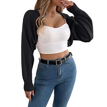 Women's Long Sleeve Open Front Knitted Crop Cardigan Drop Shoulder Knit Bolero Shrug Sweater