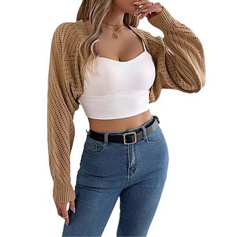 Women's Long Sleeve Open Front Knitted Crop Cardigan Drop Shoulder Knit Bolero Shrug Sweater