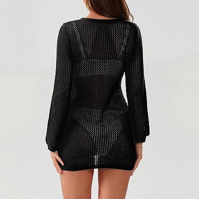 Women's Crochet Swimsuit Cover Ups Long Sleeve Hollow Out Bathing Suit