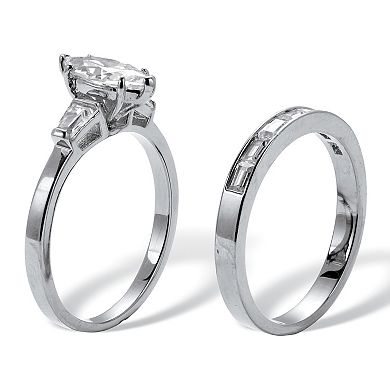 2.2 TCW Marquise Cubic Zirconia Platinum-Plated Bridal Ring Set