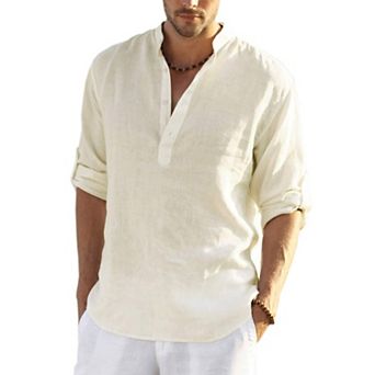 COOFANDY Men' Cotton Linen Henley T-Shirt Long Sleeve Casual Beach T-Shirts Hippie Summer Button