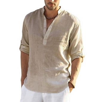 COOFANDY Men' Cotton Linen Henley T-Shirt Long Sleeve Casual Beach T-Shirts Hippie Summer Button