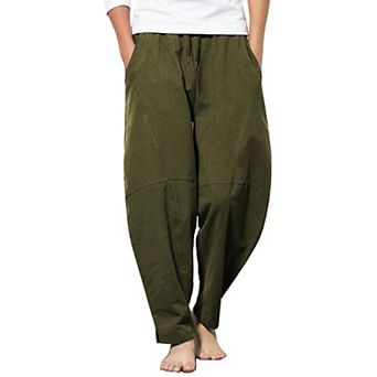 COOFANDY Men' Cotton Linen Elastic Pants Drawstring Waist Harem Loose Pants
