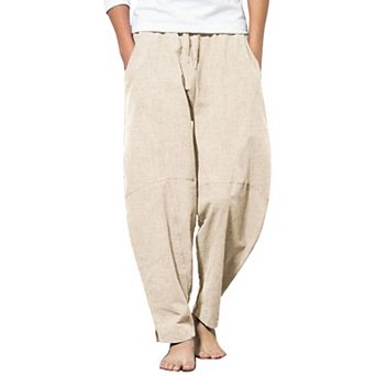 COOFANDY Men' Cotton Linen Elastic Pants Drawstring Waist Harem Loose Pants
