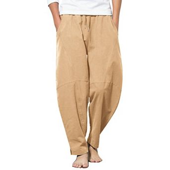 COOFANDY Men' Cotton Linen Elastic Pants Drawstring Waist Harem Loose Pants