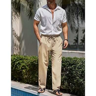 COOFANDY Men' Casual Linen Pants Cotton Elastic Waist Drawstring Trousers