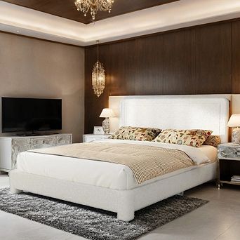 Maxspeed Upholstered Platform Bed Frame with Adjustable Headboard, No Box Spring Needed, White